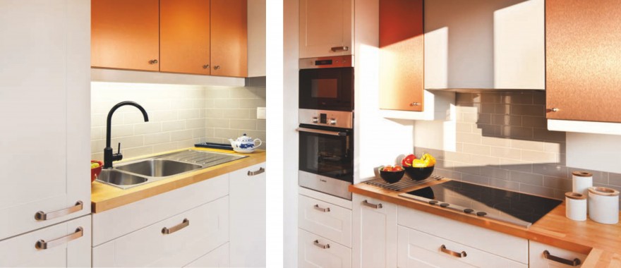 Zdj 4. Dzięki usytuowaniu pionu wodno-kanalizacyjnego w narożniku kuchni udało się uniknąć umieszczenia szafki narożnej. Aspekt wygody podyktował również wybór płyty kuchennej na 6 palników, która pomieści nawet 2 patelnie lub dużego woka. 